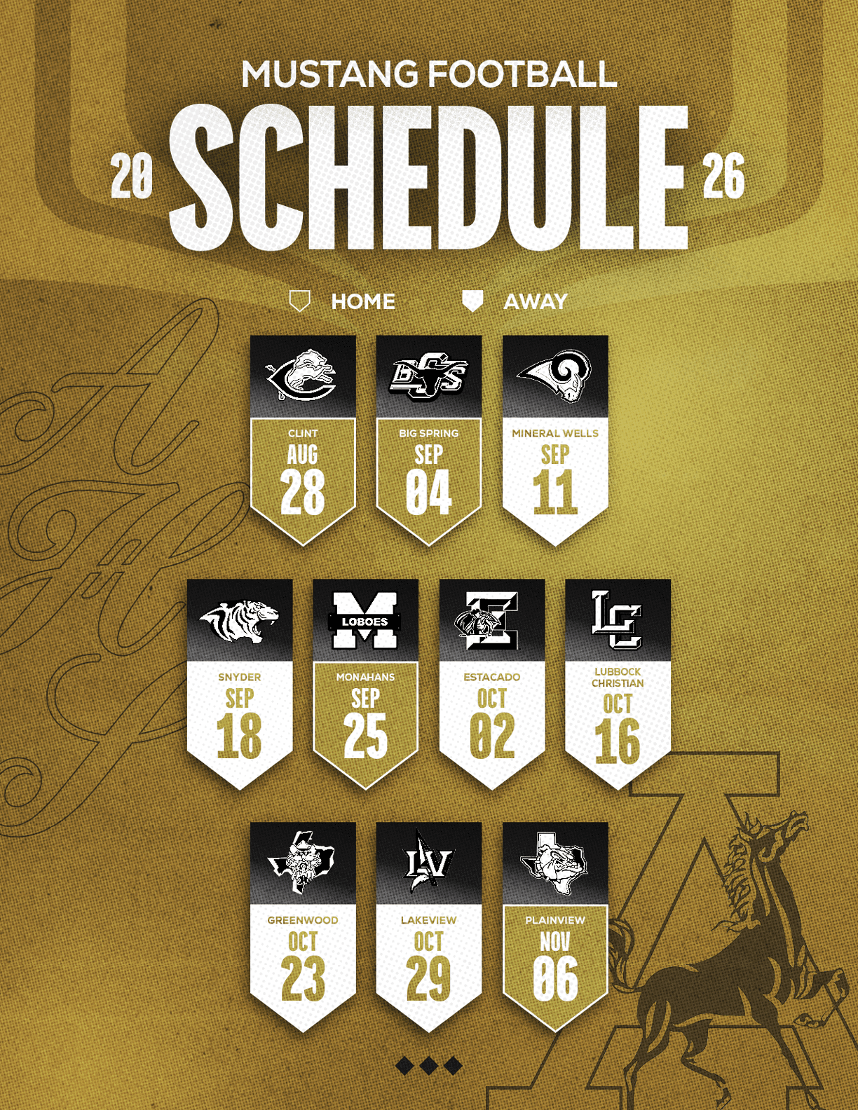 Mustang Football schedule for 2026 showing home and away games with dates and opponent logos on a textured gold background. Description generated by AI