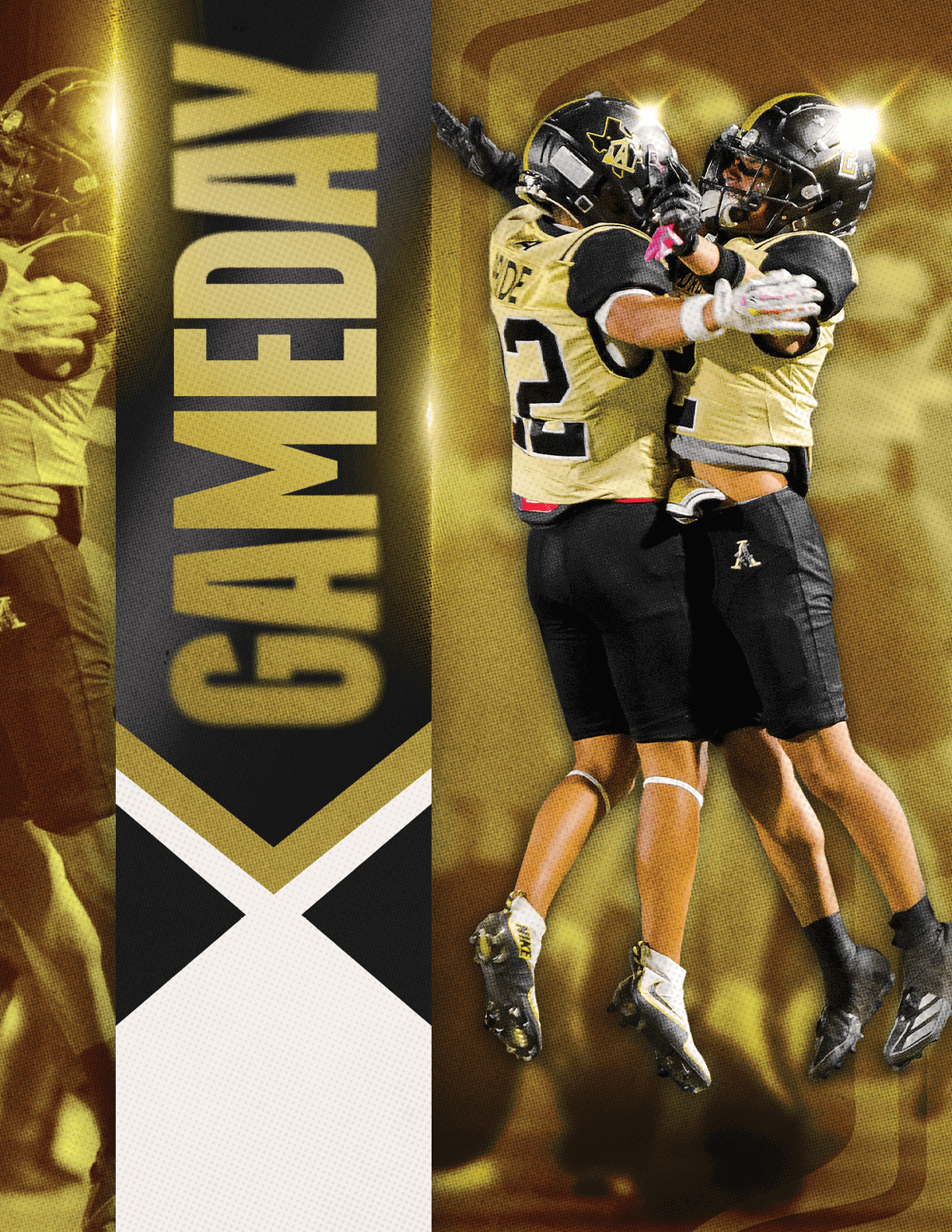Two people in football uniforms jump and celebrate together next to a vertical banner with the word GAMEDAY. Description generated by AI
