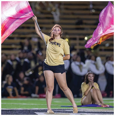 An adult wearing a yellow shirt and black shorts is standing on a sports field holding a pink and orange flag while other people and a band are visible in the background. Description generated by AI