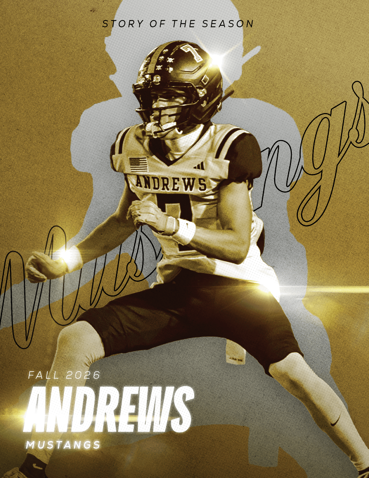 An athlete in a football uniform with “Andrews" on the jersey is captured mid-action in a dynamic pose with a stylized background featuring the words "Story of the Season" and "Mustangs." Description generated by AI