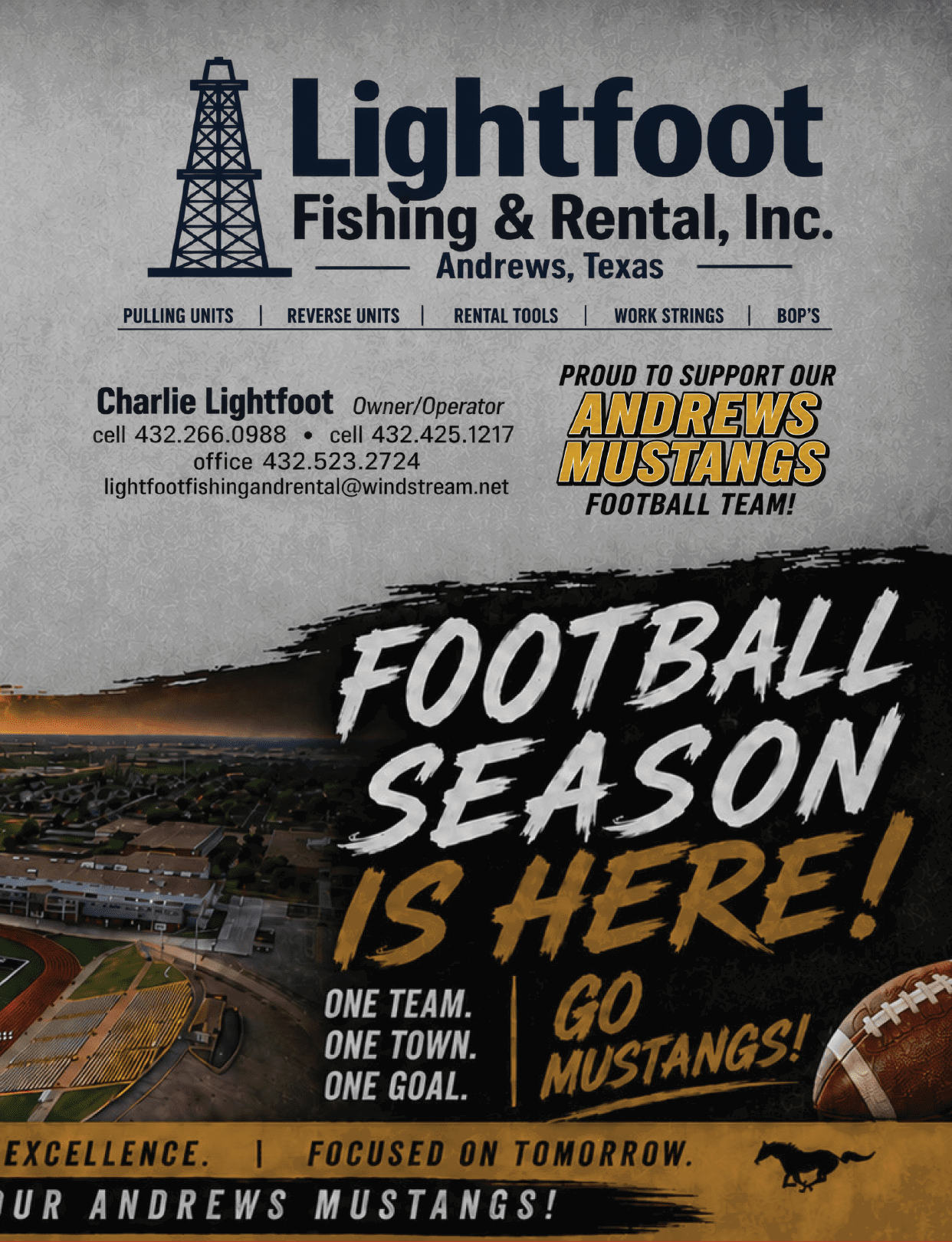 An advertisement for Lightfoot Fishing & Rental in Andrews, Texas, promoting support for the Andrews Mustangs football team with bold text announcing the football season and a background showing a football field and stadium. Description generated by AI
