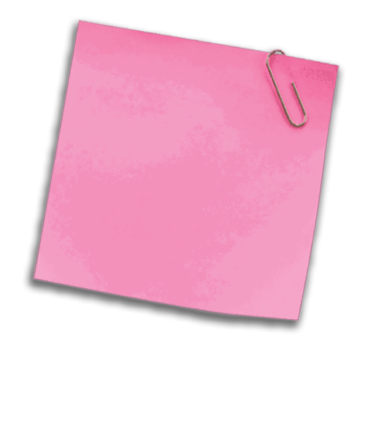 A pink sticky note with a silver paperclip attached to the top right corner on a white background. Description generated by AI