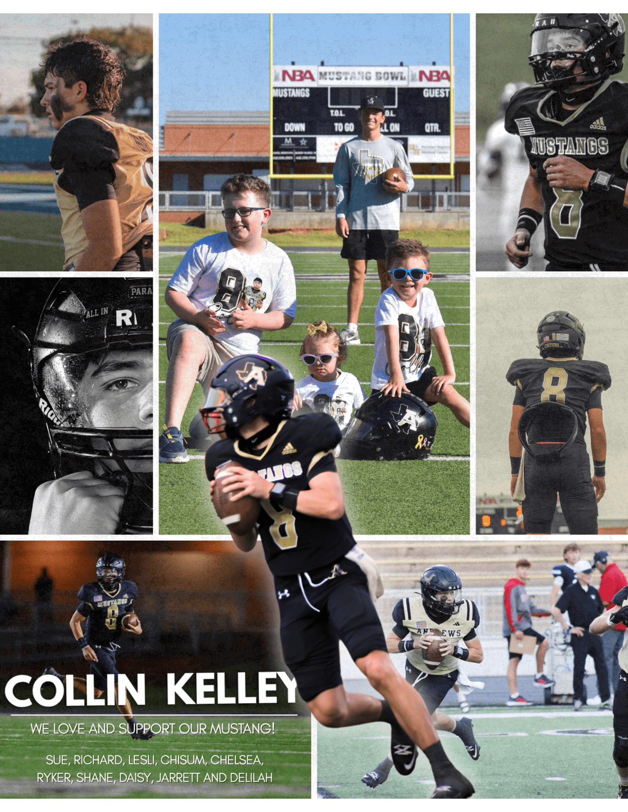 A collage of photos showing a person wearing a black football uniform with the number 8 playing, posing, and interacting with children on a football field with a scoreboard in the background. Description generated by AI
