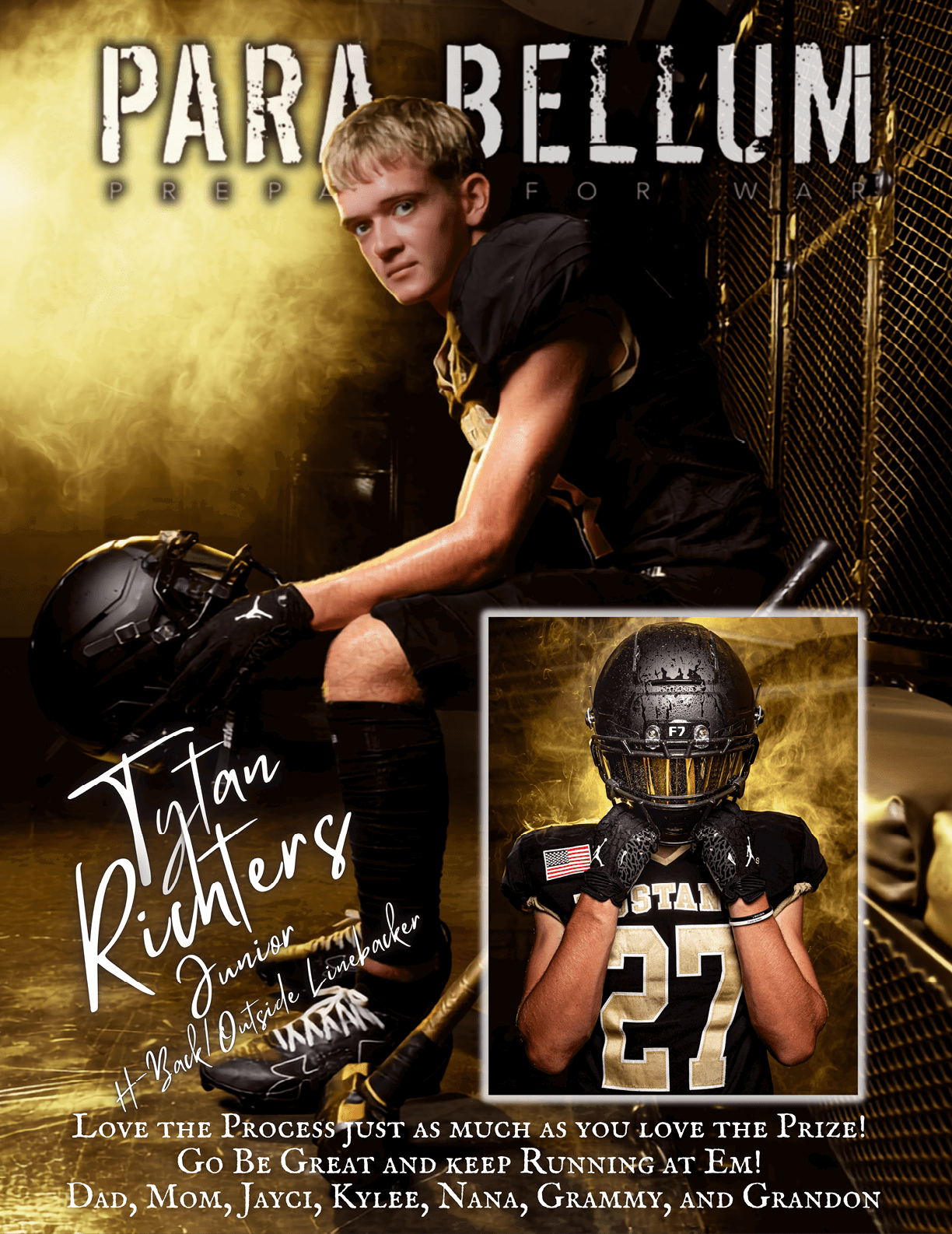 A person in a football uniform sits on a bench holding a helmet with a smaller inset image of the same person in full gear and helmet, with motivational text and the name “Tytan Richters" displayed. Description generated by AI