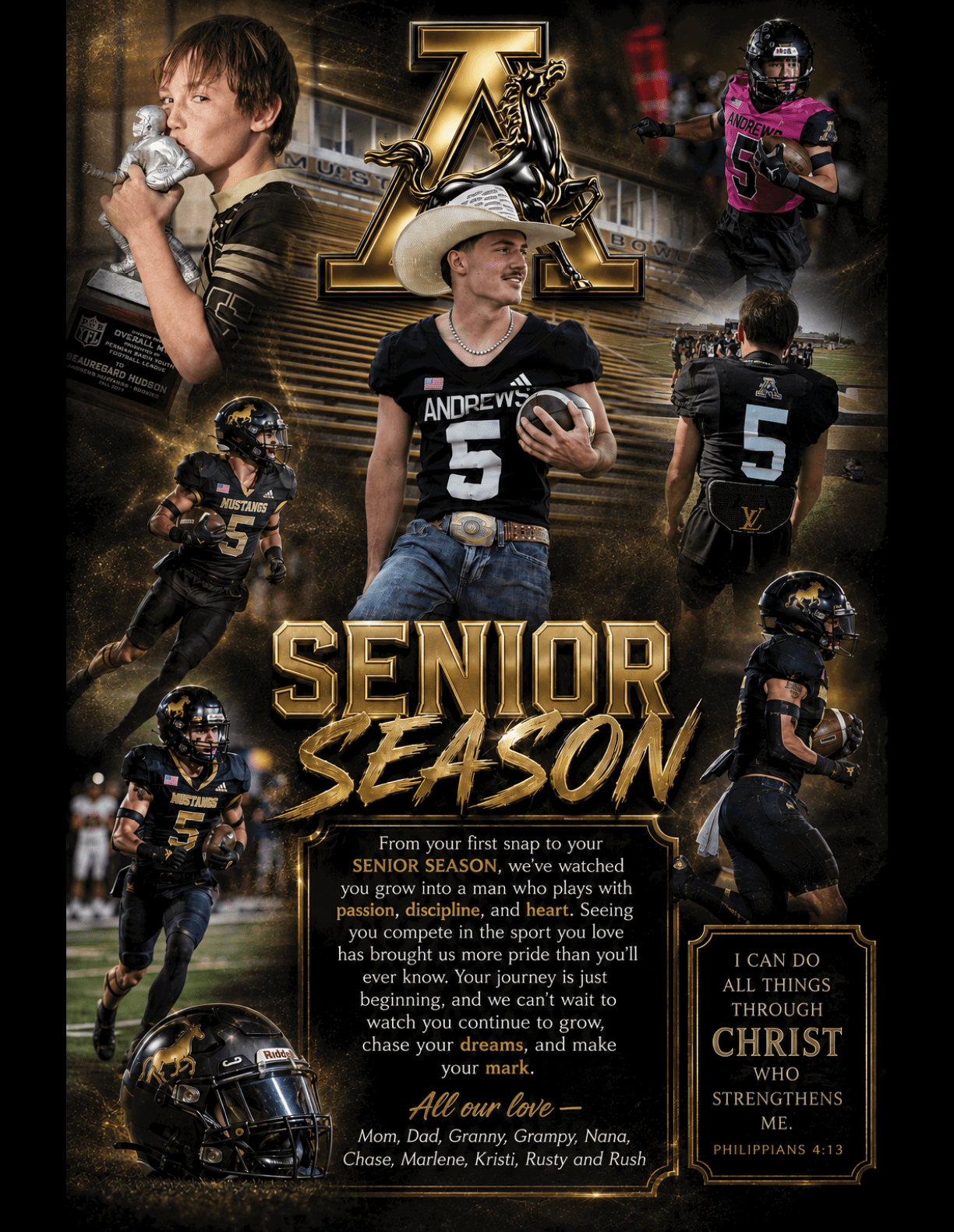 Two people in black football uniforms with “Mustangs" on the jerseys are in action, one running with a football and the other looking ahead, set against a dynamic dark background with gold accents. Description generated by AI