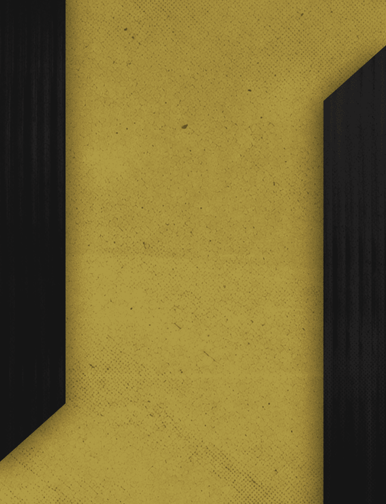 A textured yellow background with two black angular shapes on the left and right edges. Description generated by AI