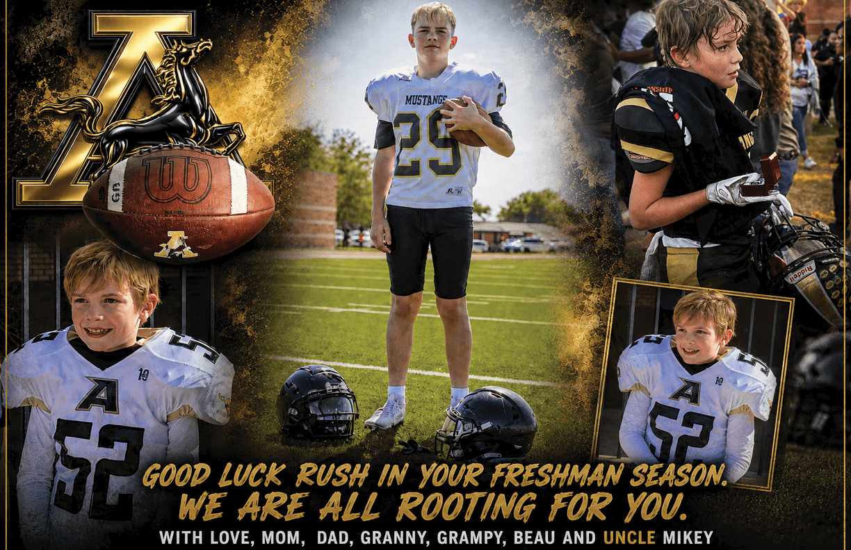 A collage of children in football uniforms with helmets on a field and a message wishing good luck for a freshman football season. Description generated by AI