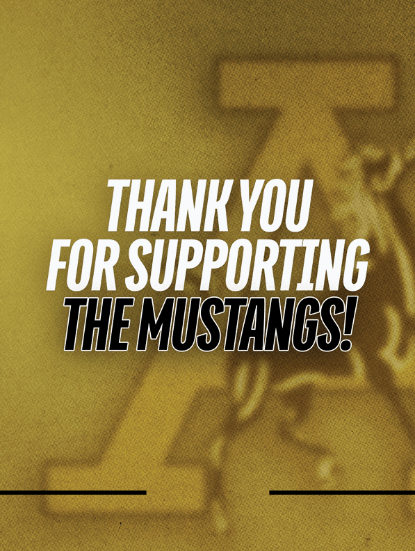 Thank you message in bold white and black text on a yellow background with a faint image of a mustang and a large letter A behind the text. Description generated by AI