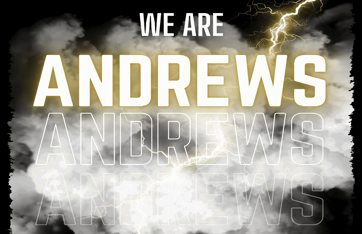 The image features bold text stating “WE ARE ANDREWS" with a smoky background and yellow lightning bolts, along with a skull emblem at the bottom center. Description generated by AI