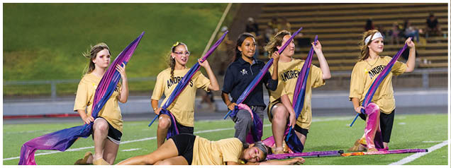 Five people in matching yellow shirts perform a coordinated color guard routine on a sports field, with four kneeling and holding flags while one lies on the ground. Description generated by AI