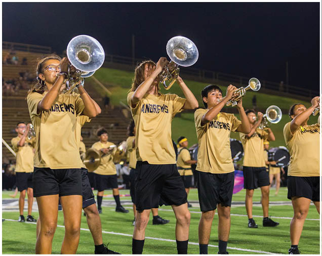 People wearing matching gold shirts and black shorts are playing brass instruments while standing on a sports field at night. Description generated by AI