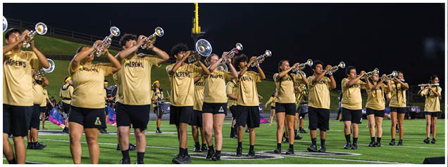 A group of people wearing matching yellow shirts and black shorts are standing in formation on a field playing brass instruments. Description generated by AI