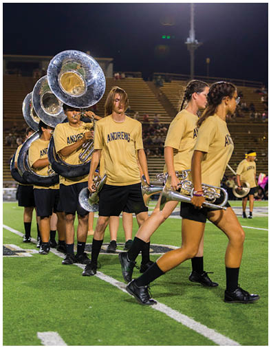 People with musical instruments stand on a field under bright stadium lights at night. Description generated by AI