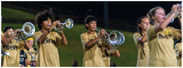People wearing matching yellow shirts and black shorts are playing brass instruments outdoors at night. Description generated by AI