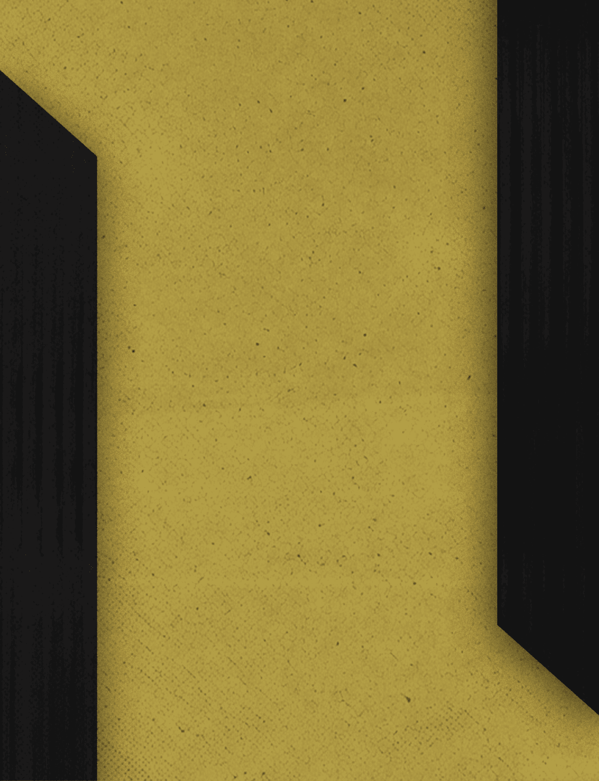 A textured yellow background with two large black geometric shapes positioned on the left and right edges. Description generated by AI