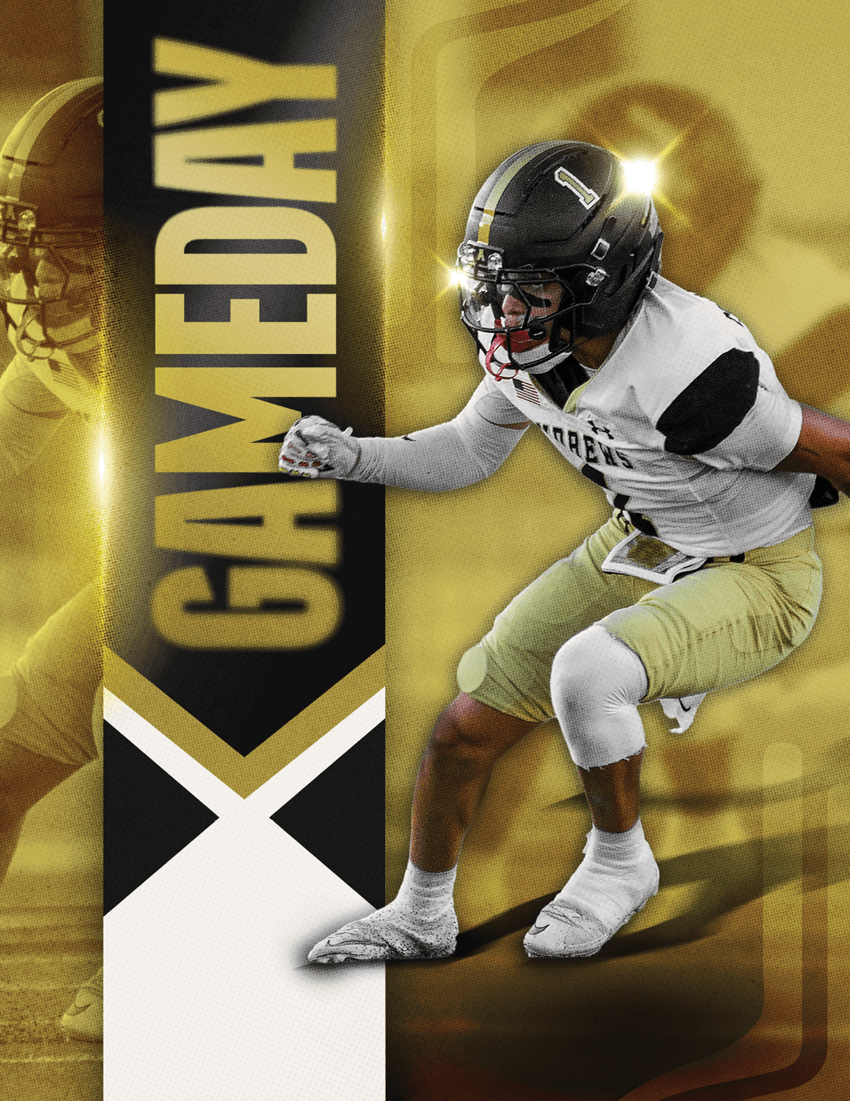 A person in football gear is crouched in an athletic stance next to a vertical banner with the word GAMEDAY in bold letters on a gold and black background. Description generated by AI
