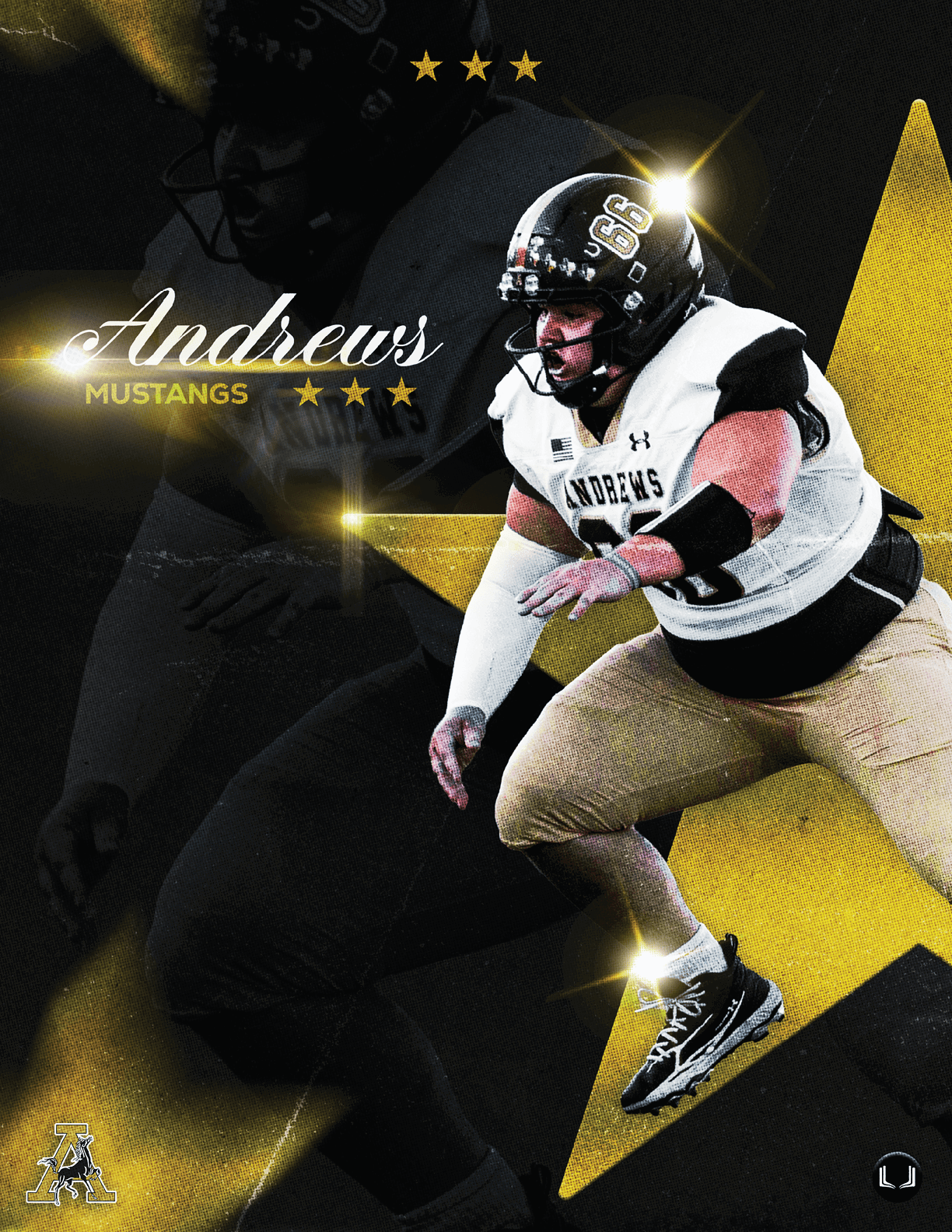 A person in a football uniform with a helmet is in a dynamic pose against a background featuring a large yellow star and the text “Andrews Mustangs" with decorative stars. Description generated by AI