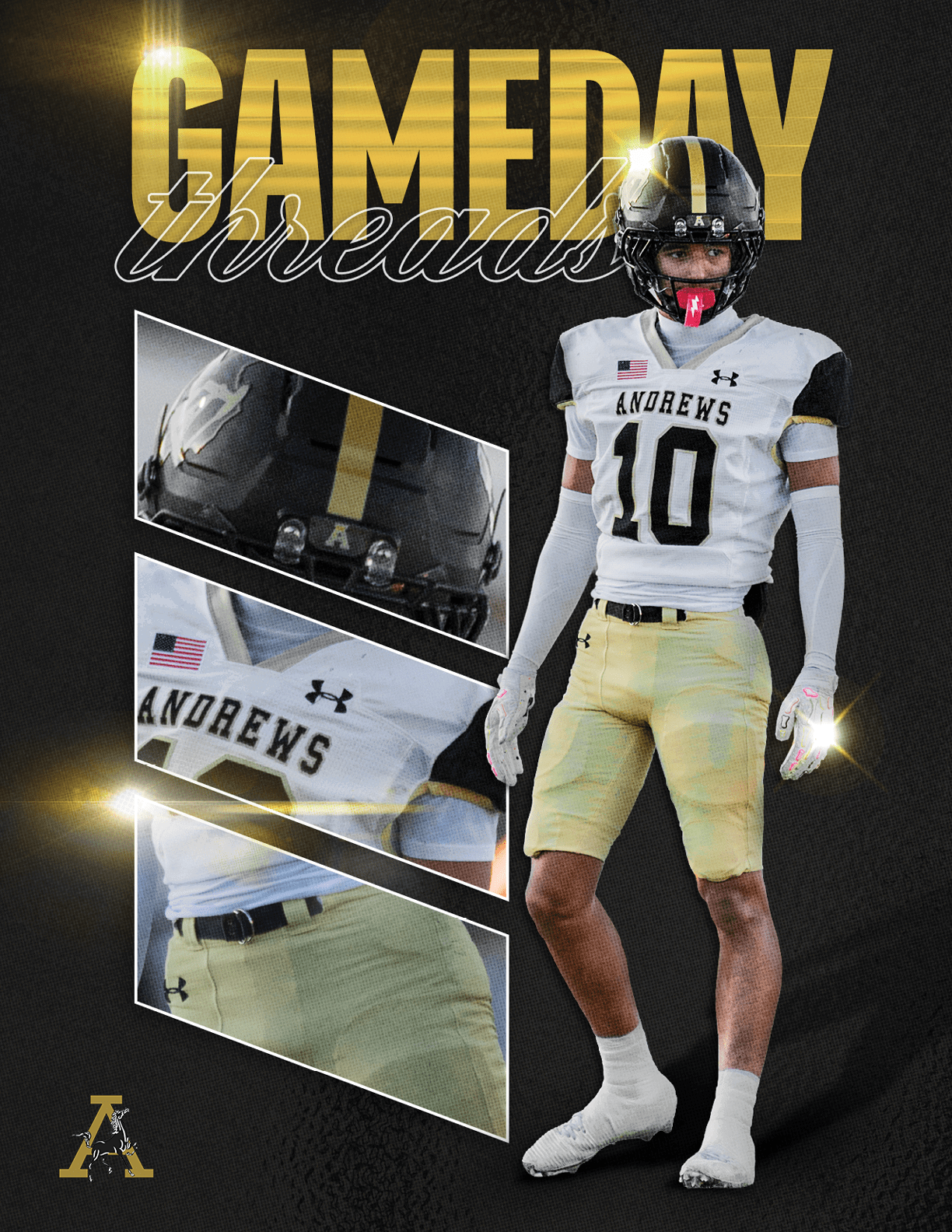 A person in a football uniform with the number 10 and the name Andrews stands next to angled close-up shots of a helmet, jersey, and pants with a black and gold color scheme and the word Gameday in large gold letters above. Description generated by AI