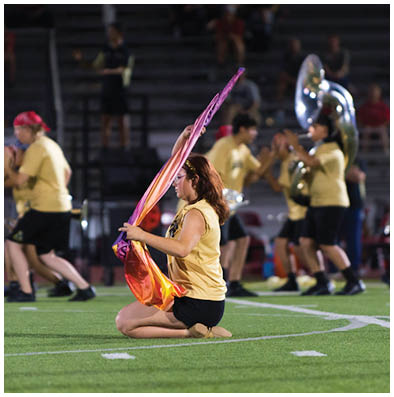 A person kneeling on a sports field holds a colorful flag while other people in matching outfits play musical instruments in the background. Description generated by AI
