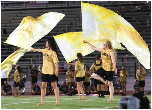 Adults in yellow shirts and black shorts are performing a barefoot routine on a field with a band playing in the background. Description generated by AI