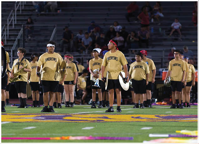 A group of people wearing matching gold shirts and black shorts are standing on a football field holding musical instruments as part of a marching band performance. Description generated by AI