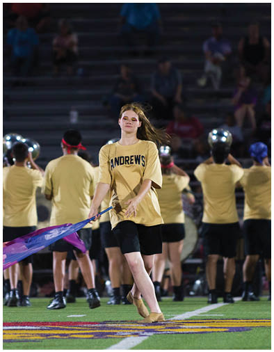 A person with long hair wearing a yellow shirt is waving a large purple and blue flag in front of a group of people wearing similar yellow shirts and helmets, likely at a stadium or outdoor event. Description generated by AI