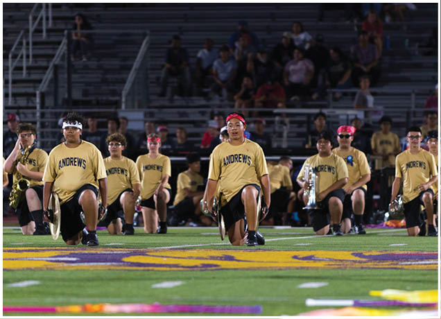 A group of people wearing matching yellow shirts with “ANDREWS" printed on them are kneeling on a sports field with bleachers and spectators in the background. Description generated by AI