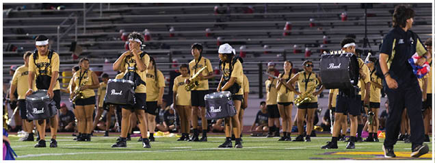 A group of people wearing matching yellow shirts and headbands are playing musical instruments in a stadium with mostly empty bleachers in the background. Description generated by AI