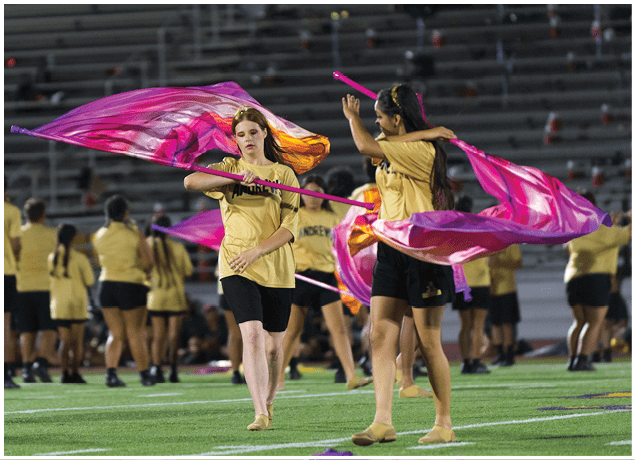 Adults in matching yellow shirts and black shorts perform a coordinated flag routine on a sports field with empty bleachers in the background. Description generated by AI