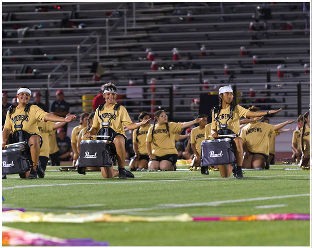People wearing yellow shirts perform a coordinated drumline and color guard routine on a football field with empty bleachers in the background. Description generated by AI