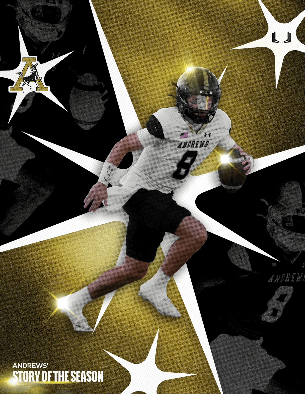 A person in a football uniform with the number 8 is running with a football against a dynamic background featuring star shapes and the text “Andrews' Story of the Season." Description generated by AI