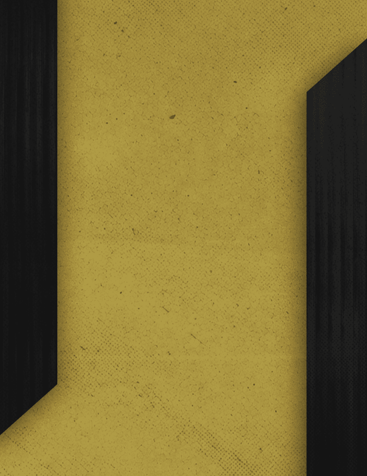 A textured yellow background with two black angular shapes on the left and right edges. Description generated by AI