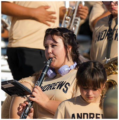 People wearing matching beige shirts with “ANDREWS" printed on them are playing musical instruments outdoors. Description generated by AI