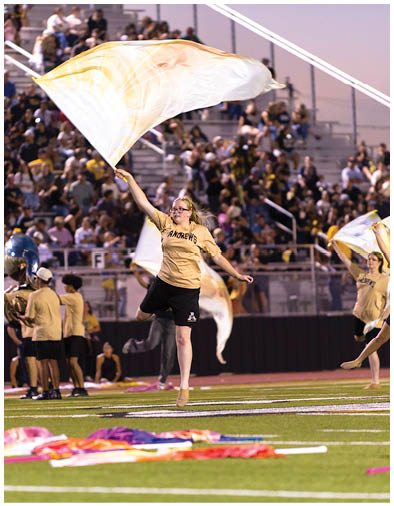 A person wearing a yellow shirt and black shorts is energetically waving a large flag on a sports field with a crowd in the background. Description generated by AI