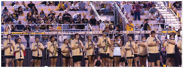 A group of people wearing matching beige shirts and black shorts are standing in a line on a sports field playing wind instruments with a crowd visible behind a fence in the background. Description generated by AI