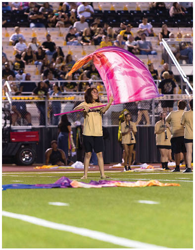 A person in a yellow shirt and black shorts is waving a large pink and orange flag on a sports field with people and spectators in the background. Description generated by AI