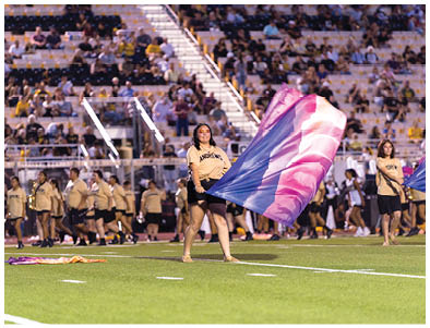 A person in a yellow shirt and black shorts is performing a flag routine on a sports field with a crowd and other performers in the background. Description generated by AI