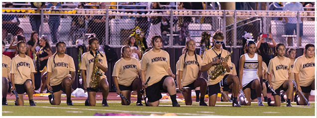 A group of people wearing matching yellow shirts with “ANDREW" printed on them are kneeling on a sports field, some holding musical instruments, with a cheerleader standing among them. Description generated by AI