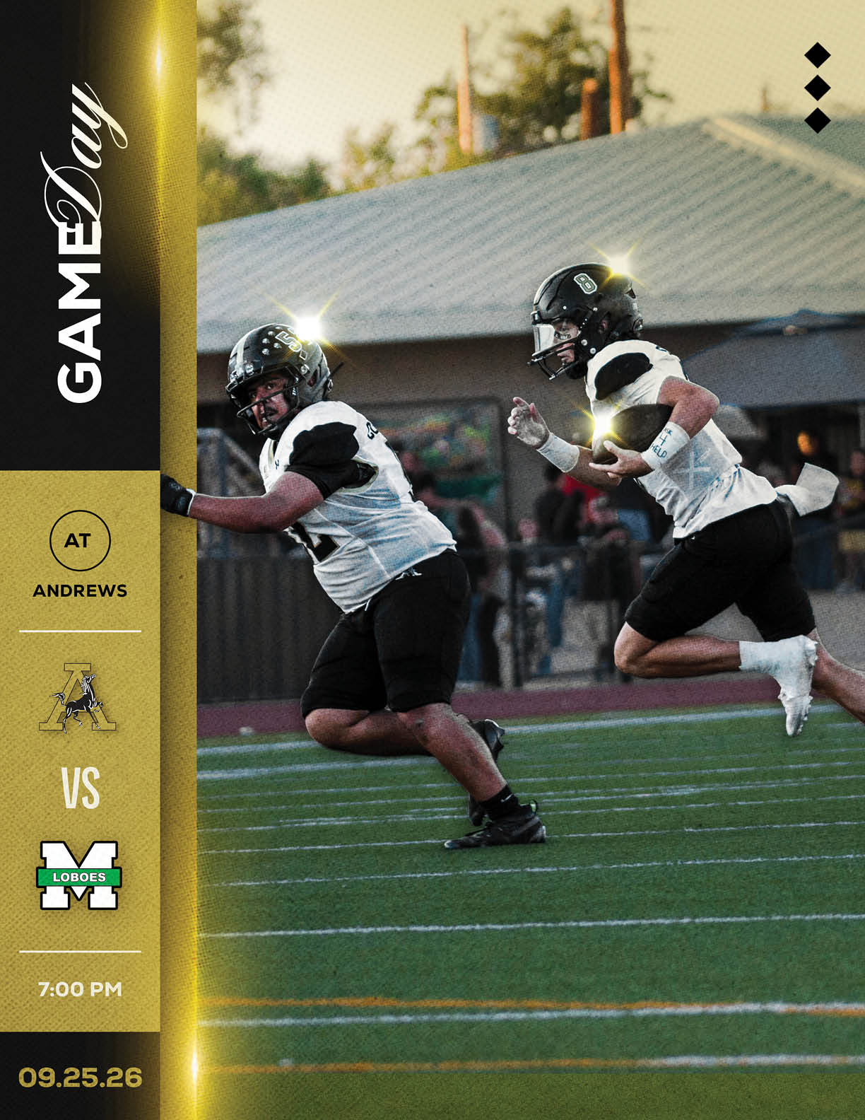 Two people in football uniforms and helmets are running on a field during a game between Andrews and Lubbock scheduled for 7:00 PM on 09.25.26. Description generated by AI