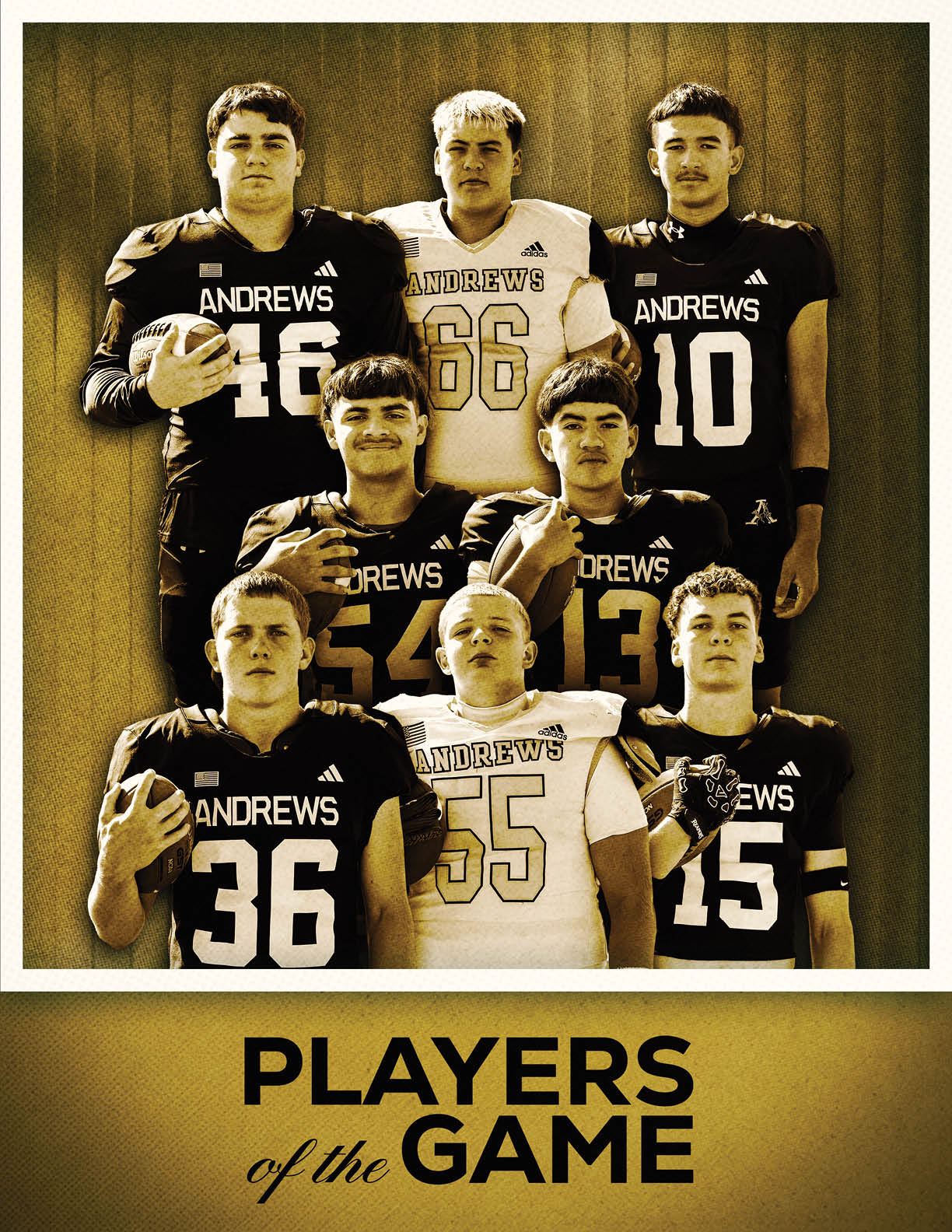 Seven people wearing football uniforms with the word Andrews pose together in a formal team photo with the text Players of the Game below them. Description generated by AI