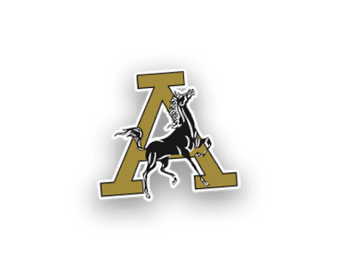 A stylized black horse rearing up is superimposed on a large gold letter A with a bold, blocky font. Description generated by AI