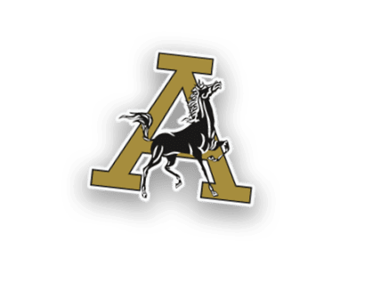 A stylized black horse rearing up is superimposed on a large gold letter A. Description generated by AI
