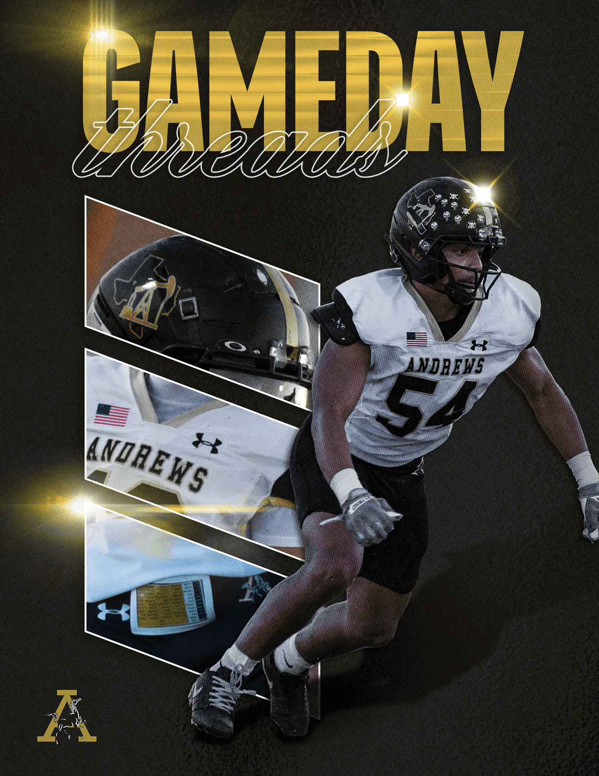 A person wearing a black helmet and white sports uniform with the number 54 and the word Andrews is running on a dark background with gold text reading GAMEDAY above. Description generated by AI