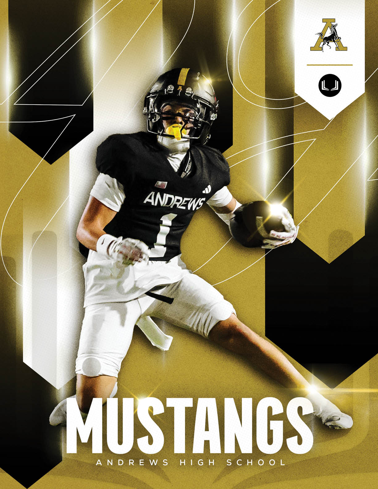 A person in a black and white football uniform with the word Andrews on the jersey is running while holding a football against a gold and black background with the text Mustangs Andrews High School. Description generated by AI