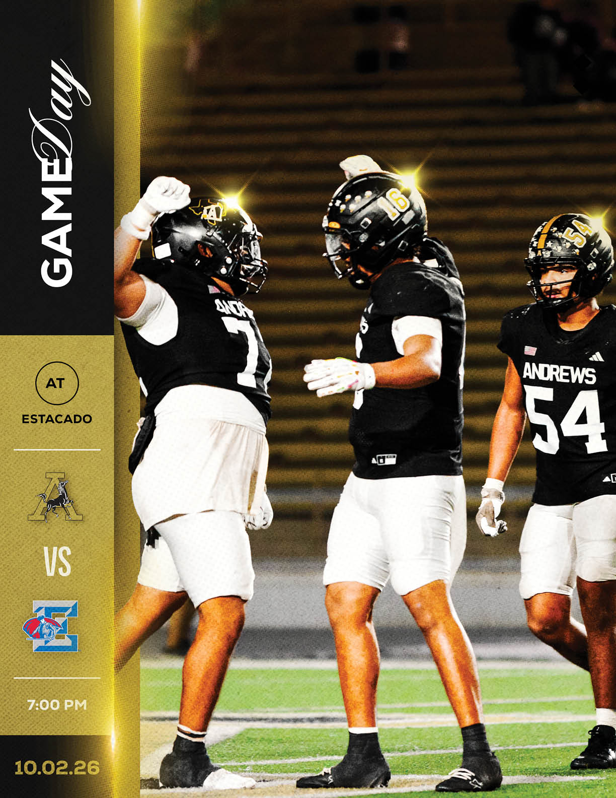 Two people in football uniforms and helmets are running on a field during a game with a scoreboard graphic indicating a matchup between teams at Estacado. Description generated by AI
