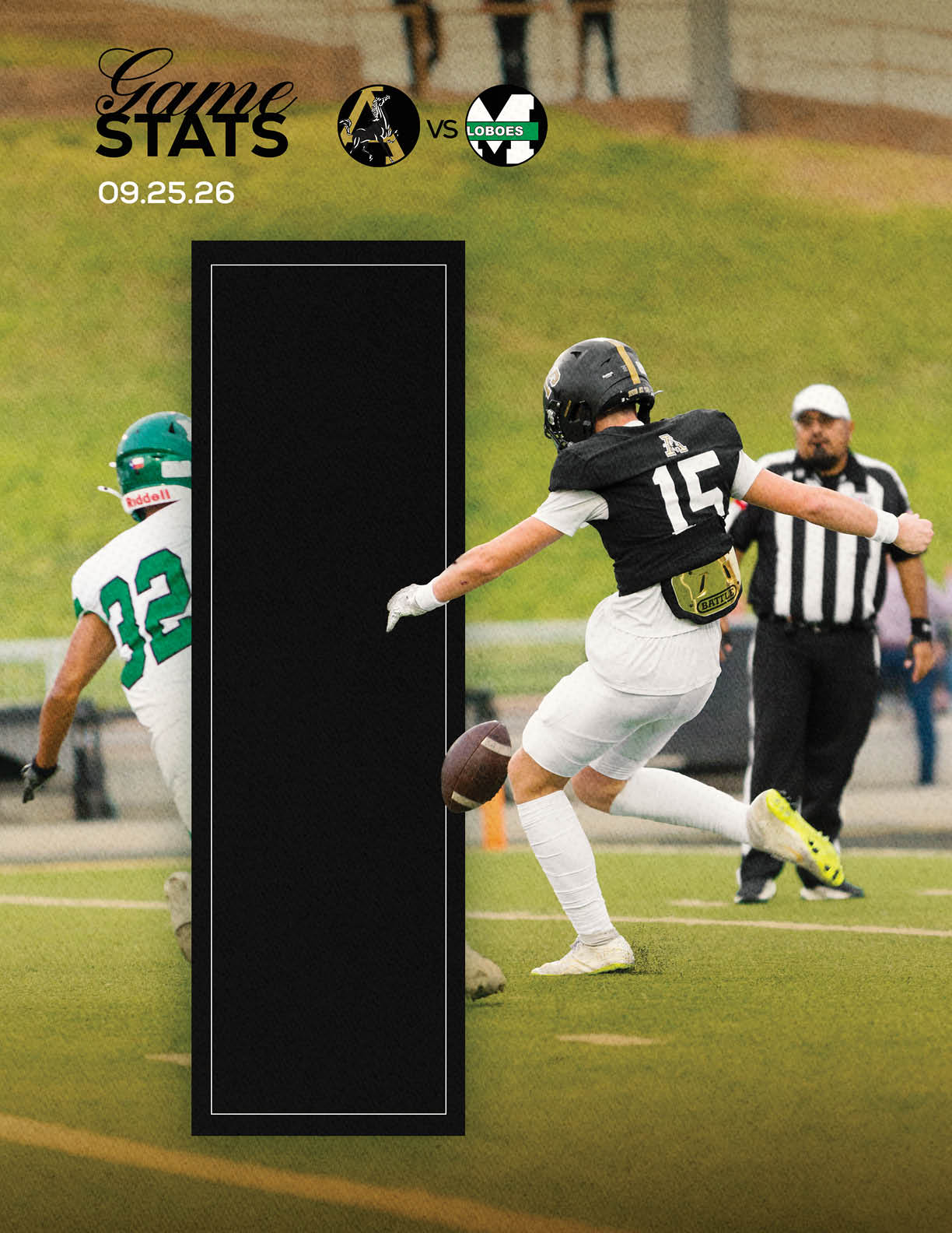 A person in a black and white football uniform is kicking a football while another person in a green and white uniform runs nearby on a grassy field with a referee in the background. Description generated by AI