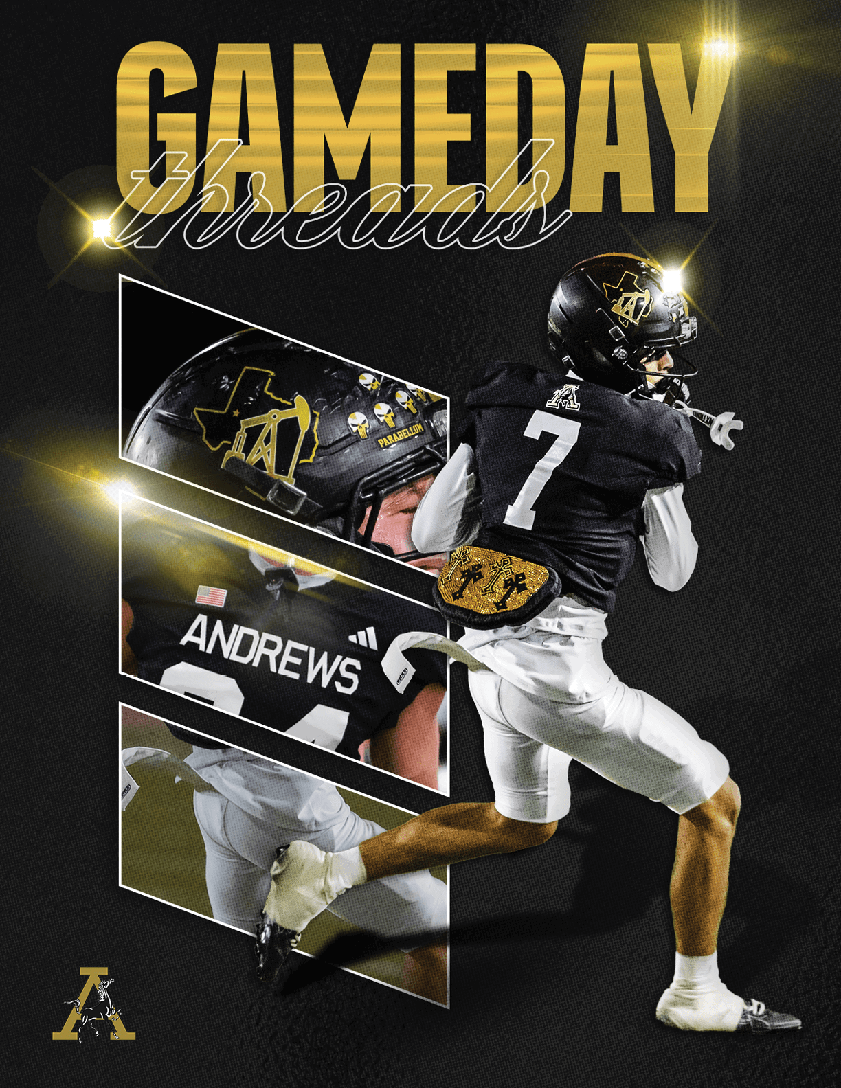 A stylized graphic featuring a person in a football uniform with the number 7 running, alongside segmented close-up views of the helmet and jersey with the name Andrews, set against a dark background with gold text reading GAMEDAY Football. Description generated by AI