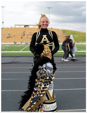 A group of adults in matching cheerleading uniforms perform a stunt on a sports field with one person elevated and raising an arm while others support them. Description generated by AI