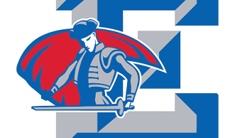 A stylized figure wearing a traditional matador outfit holds a sword with a large red cape flowing behind, set against a bold blue and gray geometric background. Description generated by AI