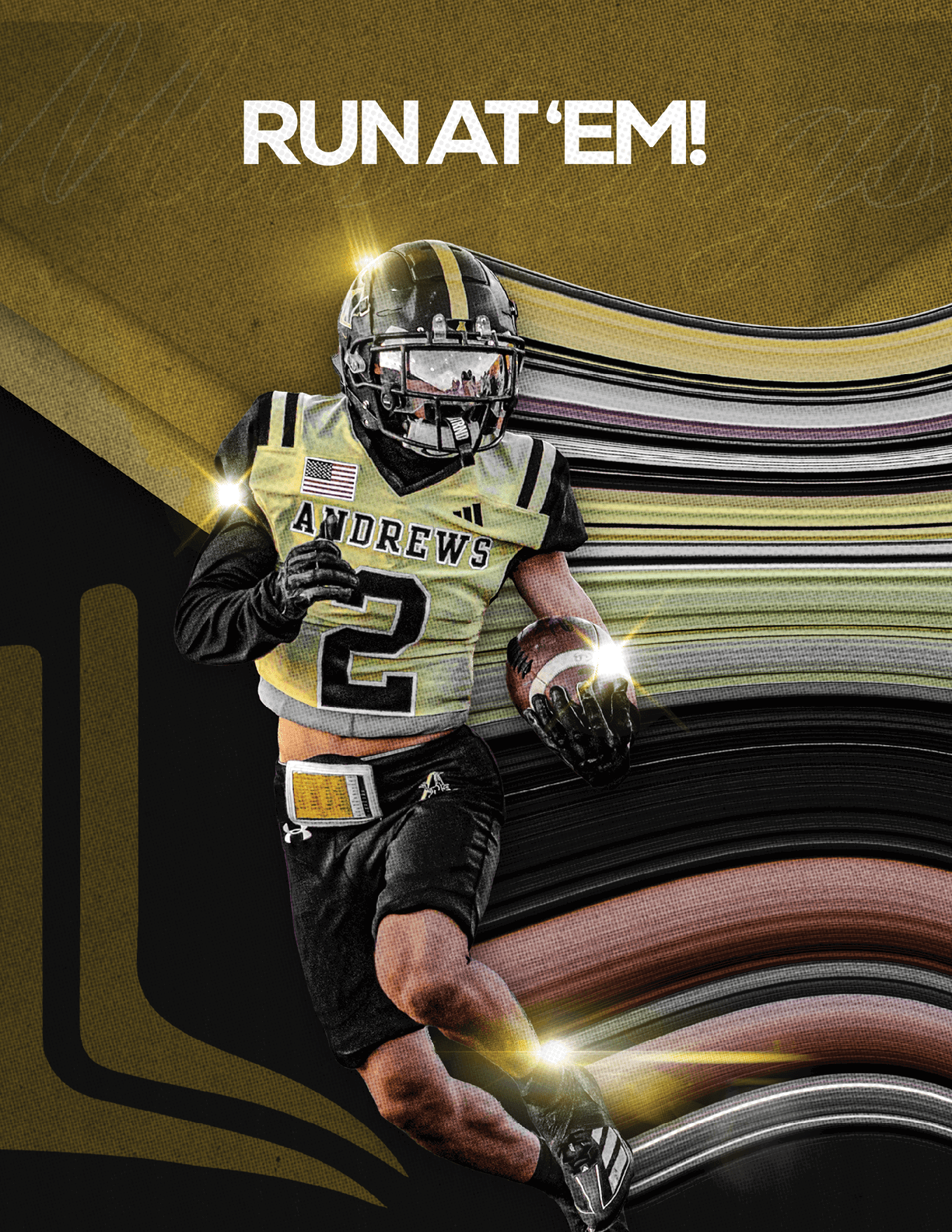 A person in a football uniform with the name Andrews and number 2 is running with a football under the text “RUN AT 'EM!" against a stylized background with dynamic motion effects. Description generated by AI